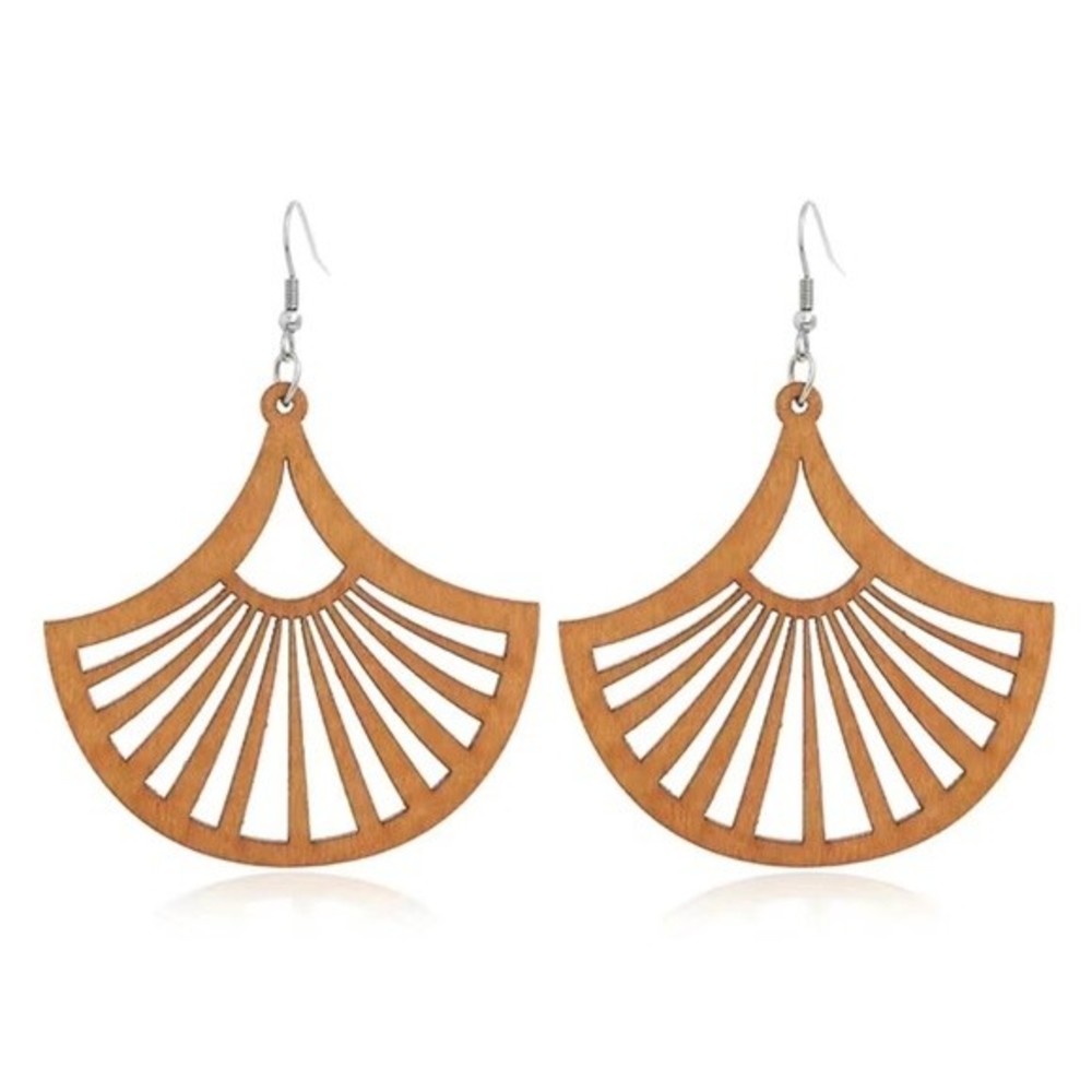 New- Geometric Exaggerated Big Art Deco Fan Wooden Drop Dangle Earrings